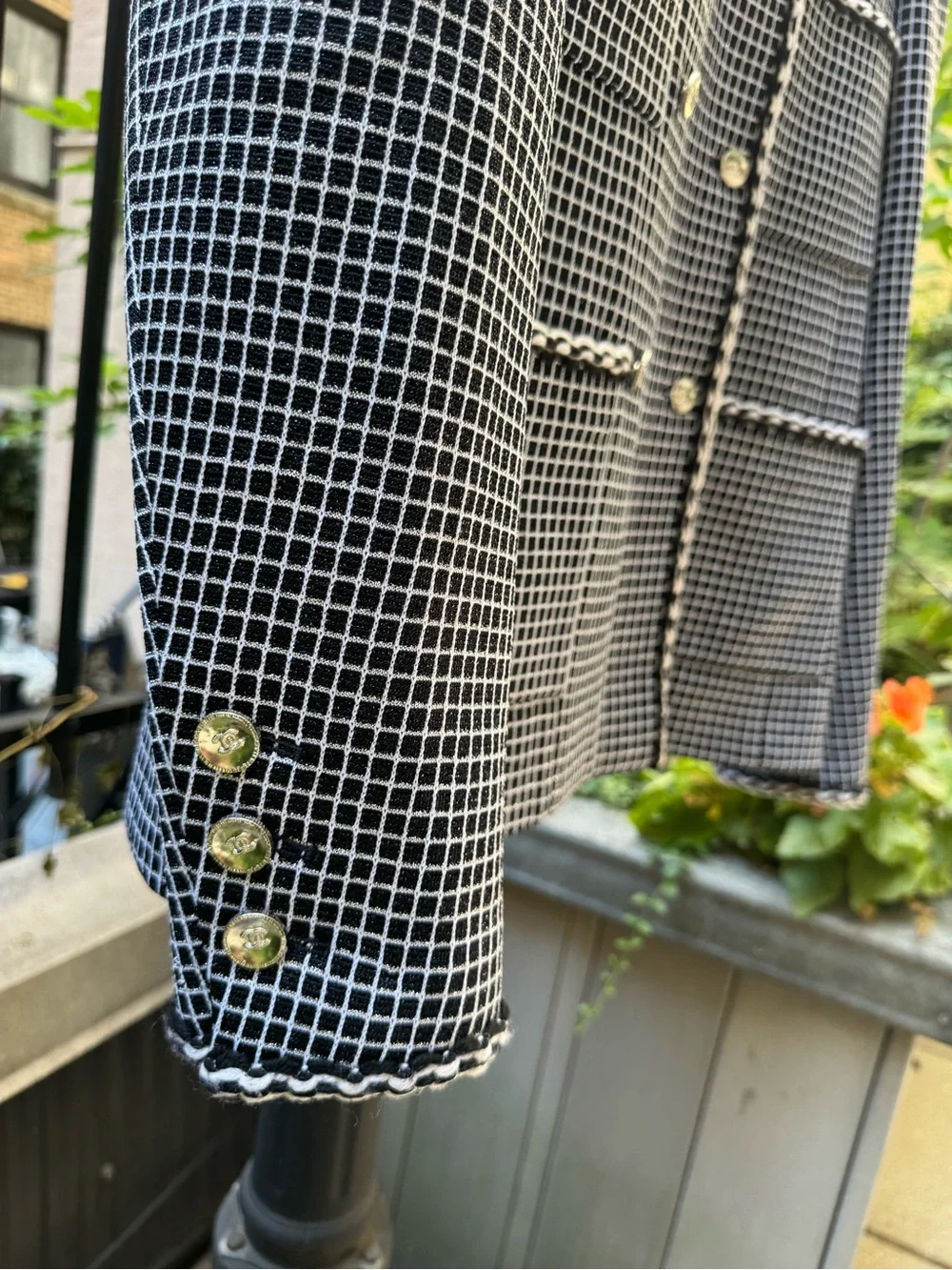 CHANEL Black & White Tweed Bouclé Jacket with Gold Buttons